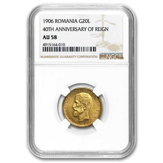 1906 Romania Gold 20 Lei AU-58 NGC 1906 Romania Gold 20 Lei AU-58 NGC